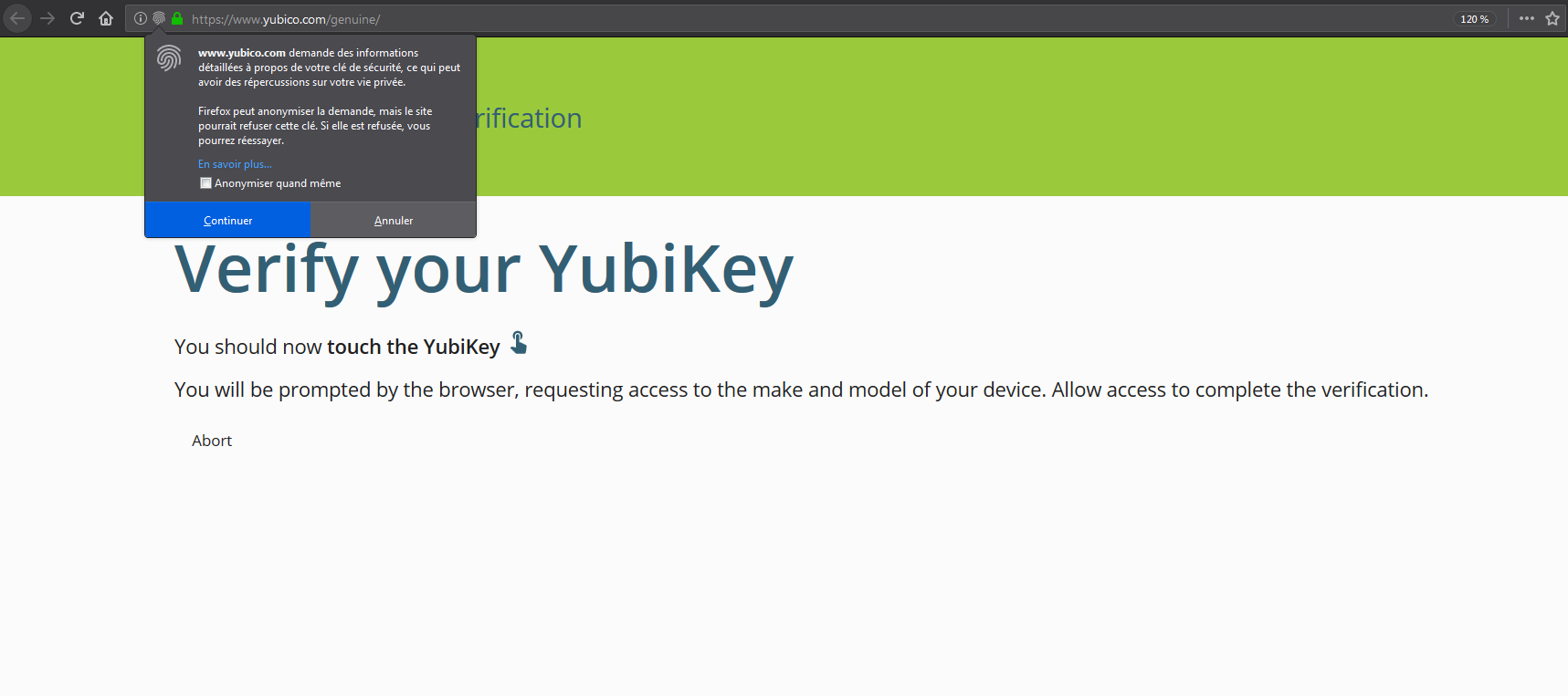 Unboxing numérique de la YubiKey 5 | Mozilla Firefox nous demandant d'autoriser Yubico.com à accéder à notre clef de sécurité